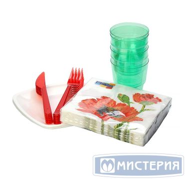 Набор одноразовой посуды "Buffet style" [6 стак. 200 мл, ПС+6 тар. d180 мм, ПП+6 вил.+6 нож.+6 салф.], диз. в ассортим. 15 упак/кор РОССИЯ 187445