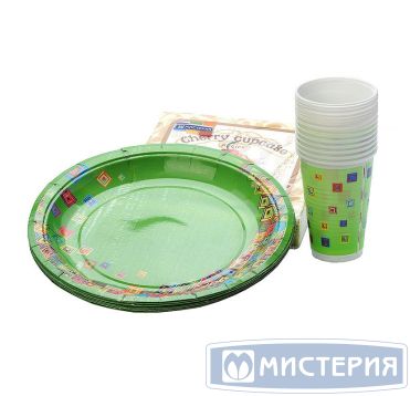 Набор одноразовой посуды "Стандарт" [10 стак. 200 мл, ПП+10 тар. d230 мм, карт.+20 салф.], диз. в ассортим. 9 упак/кор РОССИЯ 677624