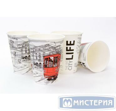 Одноразовый стакан для холодного и горячего, 0.3л, верхний d 90мм нижний d 60мм, h 111мм, с рисунком Big Citi Life, с рисунком, однослойный, картон